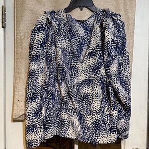 Express Women's Blue and Cream Patterned Blouse